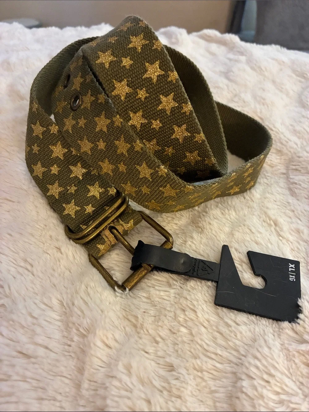 Men's Olive Green polyester Belt with Gold Star print. New with tags